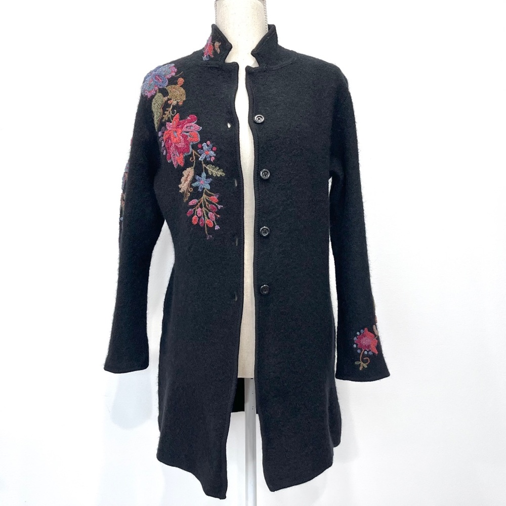 Marisa Christina Black Wool Embroidered Floral Long Pea Coat